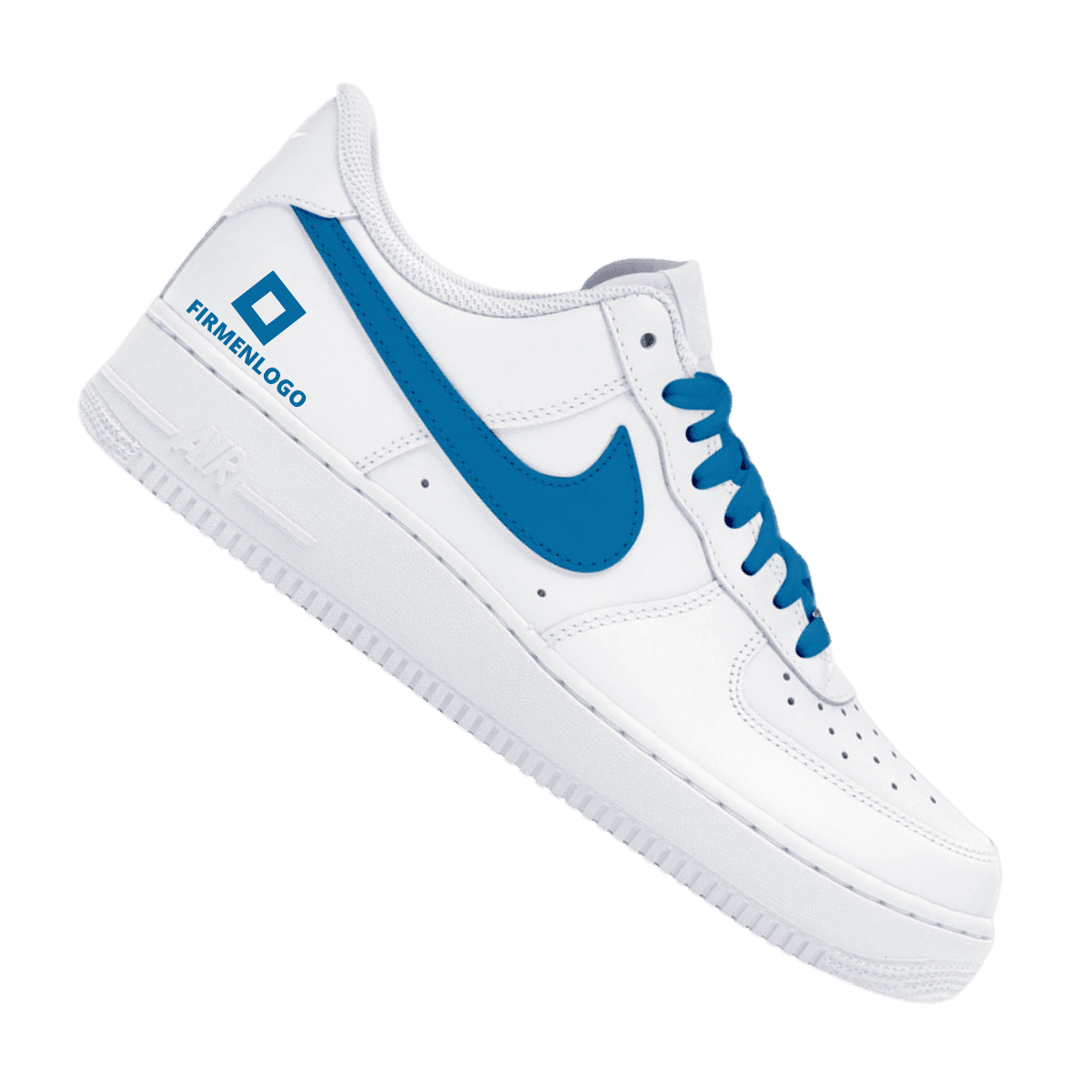 White sneaker with a blue Swoosh, blue laces and a sample company logo